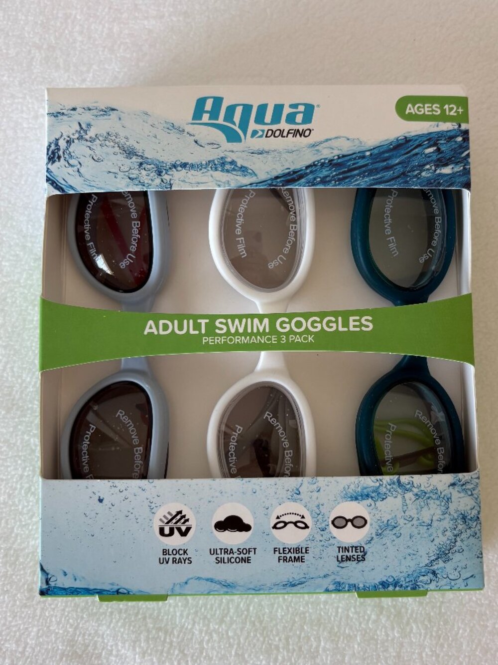 NIB - Aqua Dolfino 3-pack Adult Swim Goggles - Baby Blue, White and Teal